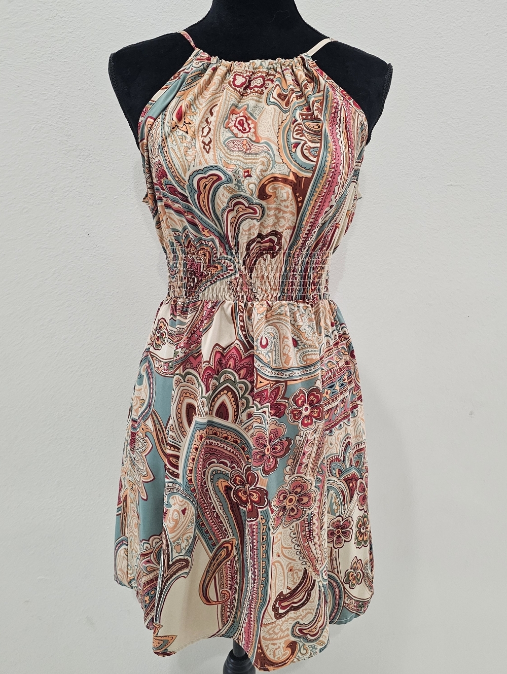 SHEIN Cream Multi Paisley Halter Mini Dress